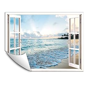 Wall Murals for Bedroom Fake Window Beach White Window Removable Wallpaper Peel and Stick Wall Stickers - 24x32 inches