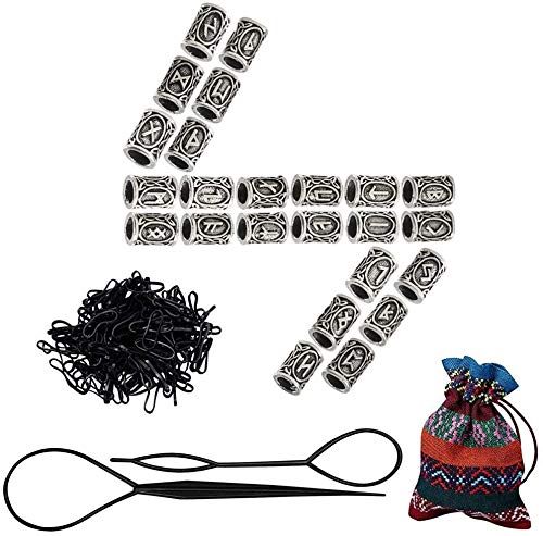 FOGAWA 24Pcs Viking Beard Beads for Men Beard Rings Vikings Runes Beads Norse Dreadlock Bead Hair Tube Bead for Women Braiding DIY Bracelets Necklace Jewelry with Rubber Bands Pouch