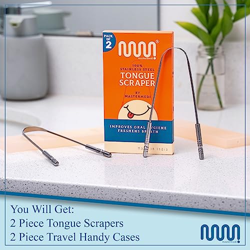 MasterMedi Tongue Scraper with Case (2 Pack), 100 Stainless Steel