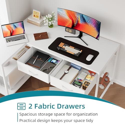CAIYUN L Shaped Computer Desk with 2 Drawers, 39 Inch Office Corner Desk with 2 Storage Shelves, Working Table Study Table for Home Office Desk, White