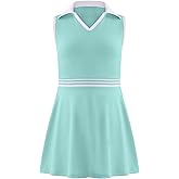 Kukume Girls Tennis Dress Golf Outfit Sleeveless Athletic Dresses Polo V Neck Sport Skirt with Pockets 4-13Y