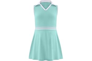 Kukume Girls Tennis Dress Golf Outfit Sleeveless Athletic Dresses Polo V Neck Sport Skirt with Pockets 4-13Y