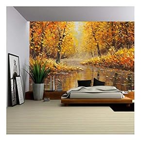 Golden Autumn in River. Yellow Oil Painting. Art. - Removable Wall Mural | Self-Adhesive Large Wallpaper - 66x96 inches