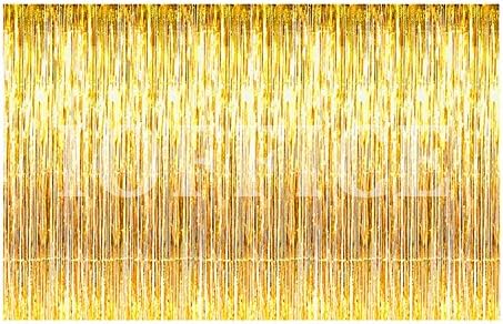 IOFFICE 12 ft X 8 ft. Metallic Gold Foil Fringe Curtains Door Window Curtain Party Decoration (12' x 8', Gold)