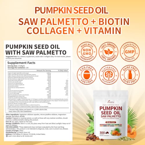 VivoNu Pumpkin Seed Oil with Saw Palmetto Capsules | 300 Count| 33 in 1 Vitamin C D3 B12 E A, Castor, Zinc, Biotin, Iron, Peppermint | Hair Growth & DHT Blocker for Women Men