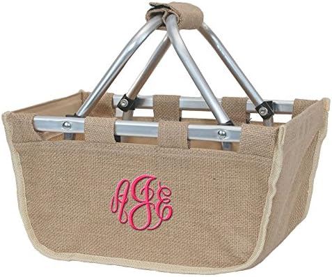 Monogrammed Burlap Mini Market Picnic Tote Basket Beige
