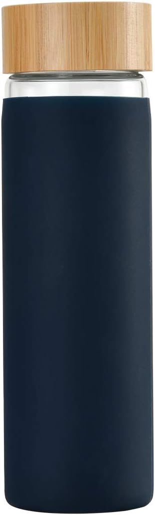 YIXUN BPA-Free Borosilicate Glass Water Bottle with Protective Silicone Sleeve and Bamboo Lid - Dishwasher Safe 20oz (Blue-Black)