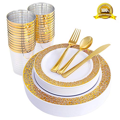 ENUOSUMA 150 Piece Plastic Plates, Dinnerware & Cups Set - Gold Plates with Lace Design -Disposable Tableware include Dinner Plates Salad Plates, Cups, Spoons, Forks & Knives for Wedding or Party - Thumbnail 6