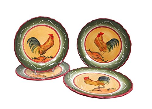 ACK Tuscany Province Sunshine Rooster Hand Painted Ceramic 10" W Dinner Plates Set of 4-Piece, 89311