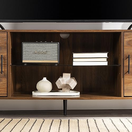 Walker Edison Saxon Mid Century Modern 2 Door Glass Shelf TV Stand for