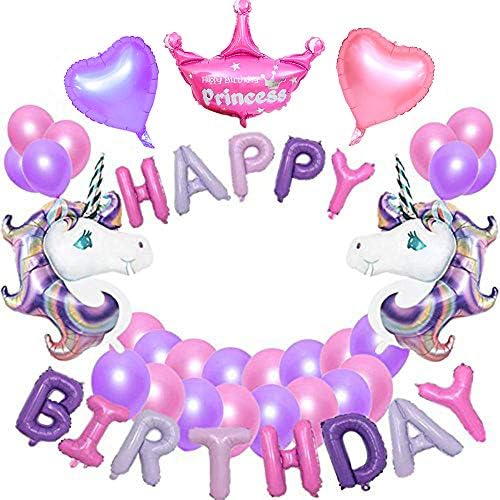 VSTON Unicorn Party Balloons Decoration, Purple Unicorn Balloons Happy Birthday Banner Heart-Shaped Balloons Great for Birthday Party Decoration (26 PCS)