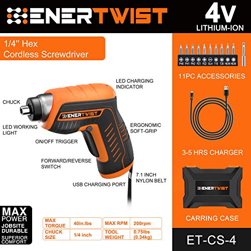 ENERTWIST Cordless Electric Screwdriver, 4V Max Rechargeable Power