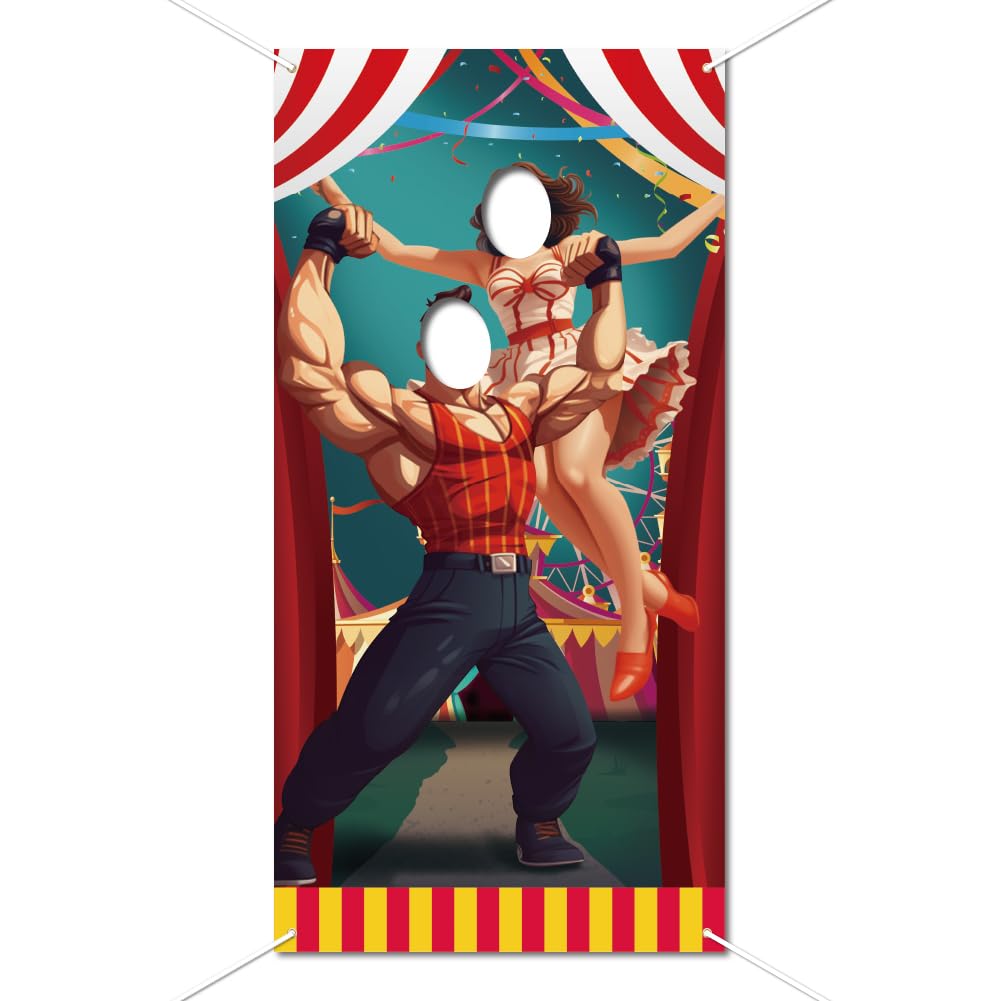 WADORN Carnival Circus Photo Door Banner Backdrop Decoration, Large Fabric Photo Background Props Carnival Face Photography Hanging Banner with Rope Circus Party Game Favor Supplies, 180x90cm