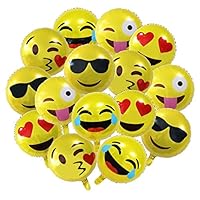 15-Pack 18" Emoji Party Supplies Favor Balloons, 18 inch Smiley Face Foil Mylar Balloon, Yellow Reusable Helium Emoticon Balloon for Holiday Wedding Birthday Decorations Teens Girls Children Kids Gift