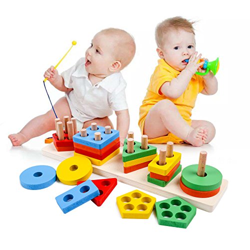 kizh Wooden Educational Preschool Toddler Toys Shape Color Recognition Geometric Board Blocks Stack Sort Chunky Puzzles 25 pcs for 1-5 Year Old Boys Girls Kids Baby Toddlers Children Non-Toxic Toy - Thumbnail 5