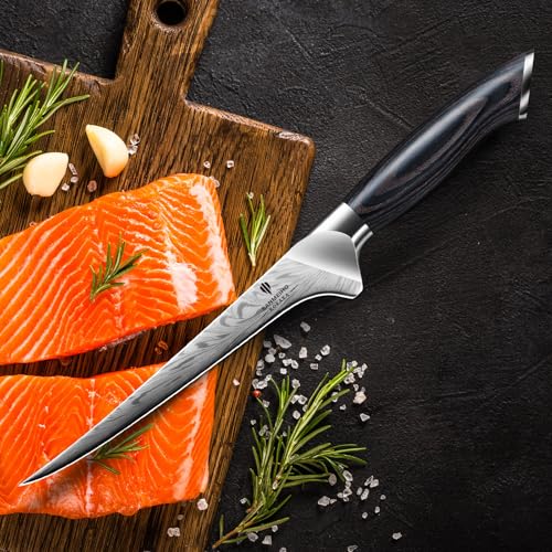 SANMEIHO Cuchillo Pescado de Acero en Polvo, Cuchillo Deshuesador Súper Afilado, Cuchillo Filetear Pescado de Acero con Carbono Extra Duro, Cuchillo de Filete con Mango Ergonómico de Madera de Pakka