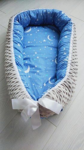 Stars and moon toddler nest Minky baby cosleeper Cotton baby snuggle nest Portable baby travel bed Blue and grey nursery bedding Gift for kid