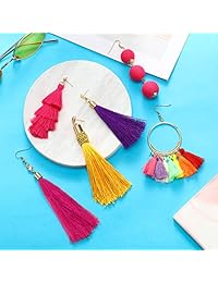 12 Pairs Colorful Long Layered Thread Dangle Earrings Bohemian Tiered Tassel Drop Earrings Stud Earrings Gift Set for Girls and Women