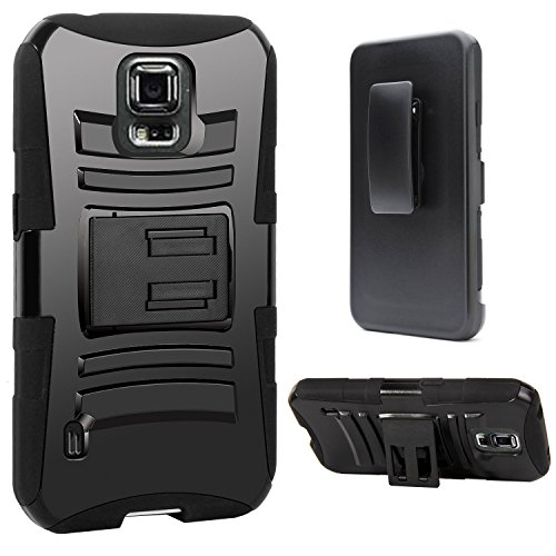 Galaxy S5 Active Case, S5 Active Holster Case By E LV - Full Body Hybrid Armor Protection for Samsung Galaxy S5 Active G870 with Backstand and Belt Swivel Clip with one Black Stylus - Black