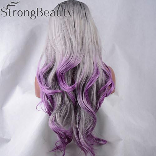 StrongBeauty Amazing Long Body Wavy Three-tone Dark Root Silver Purple Ombre Wig Lace Front Wigs (24")
