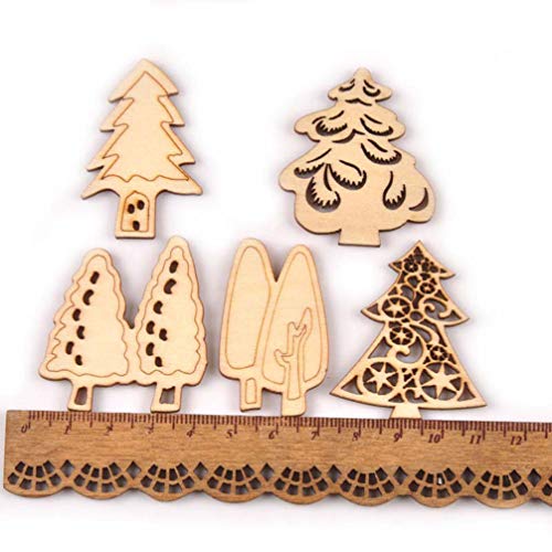 MILISTEN 50 Stks Kerst Opknoping Houten Ornament Diverse Kerstboom Vorm Uitsparingen Versieringen Leuke Houten Boom Stukken Voor Kerstversiering (Gemengd) - Afbeelding 3