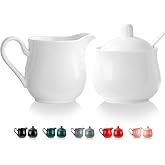 CHILDIKE 12 OZ Ceramic Sugar and Creamer Set (White) | Coffee Serving Set, 3 Piece Cream Pitcher Sugar Bowl with Lid and Spoon