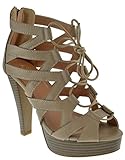 Table 8 Peep Toe High Heel Lace Up Strappy Pumps Tan