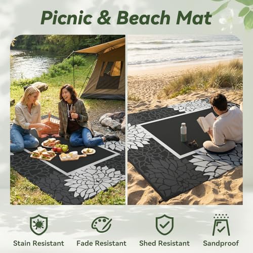 RESARE-Outdoor Rug-Patio Rug 8x10 ft RV Camping Floral Waterproof Mat Portable Outdoor Area Carpet for Deck Porch Picnic Balcony Backyard Beach Rugs Reversible Non Fading Black & White