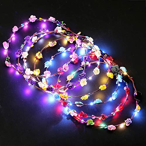 LED Flower Crowns Lights Hair, JUSTDOLIFE 14 Pack LED Flower Wreath Headband with Light-Up Fiber Luminous Butterfly Flash Braid Hairpin for Girls Bar Party Wedding Holiday