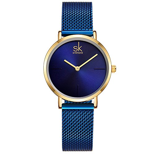 SK Watches Women Stainless Steel Band Ladies Quartz Wristwatches Women Clock Bracelet Watch (Blue)
