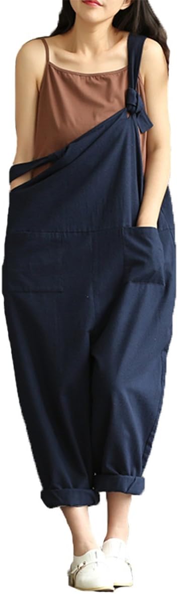Women Cotton Linen Overalls Adjustable Strap Pattern Jumpsuit Sleeveless Romper Blue