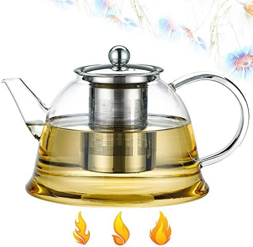 Glass Tea Pot -27oz | 0.8 Liter | 800ML Stainless Steel Teapot Kettle with Infuser Filter,Flowering Tea Pot.Best Borosilicate Glass Tea Pots for Home Kitchen,Hotel,Restaurant and Office (800ML)