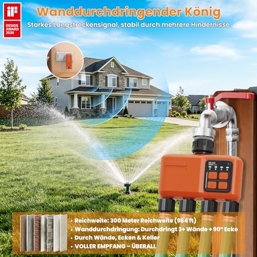XinFuture Irrigation Computer WLAN 4 Outputs with 300 m RF, Strong Wall Penetration, Automatic Smart Watering Clock with APP/Voice Control, Irrigation System Rain Delay for Garden