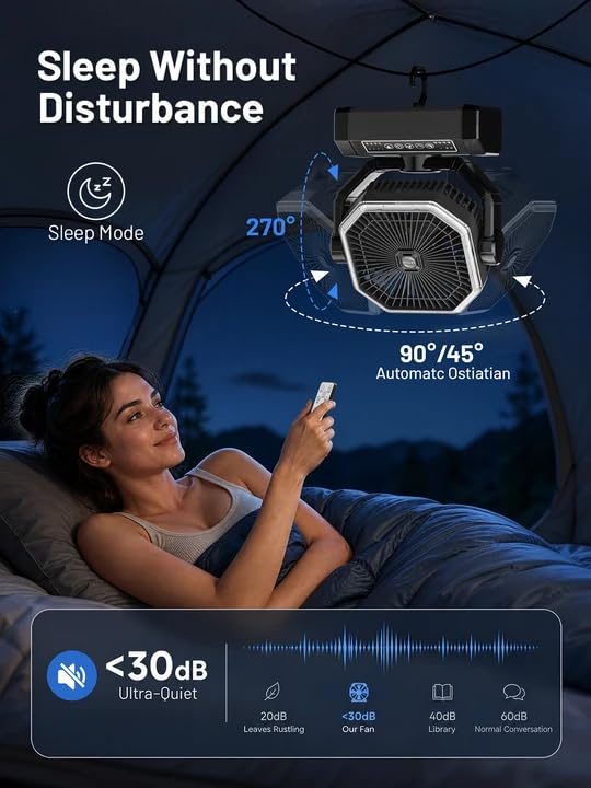 Portable Rechargeable Fan - 9-Inch Camping Fan for Tent, 24000mAh(60Hrs) Battery Operated Fan for Camping, Auto Oscillation Cordless Fans, Tent Fans with Remote/Light, 4 Speeds, 4 Timing, Outdoor