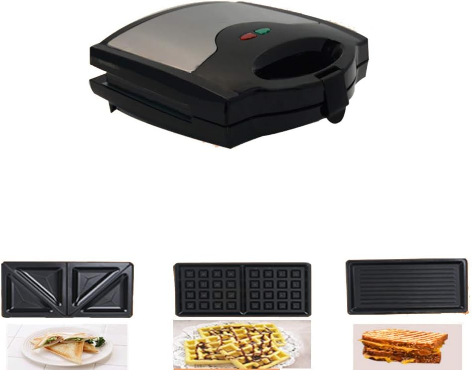 Waffle maker, Sandwich maker Panini maker 3 in 1 Detachable Washable Non-stick coating Led indicator lights-black 25x25x20cm(10x10x8inch)
