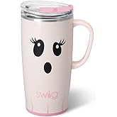 Swig Life 22oz Travel Mug, Halloween Insulated Tumbler with Handle and Lid, Travel Coffee Mug, Cup Holder Friendly, Stainless Steel 22 oz Tumbler, Reusable Insulated with Lid (Boo Crew Ghost)