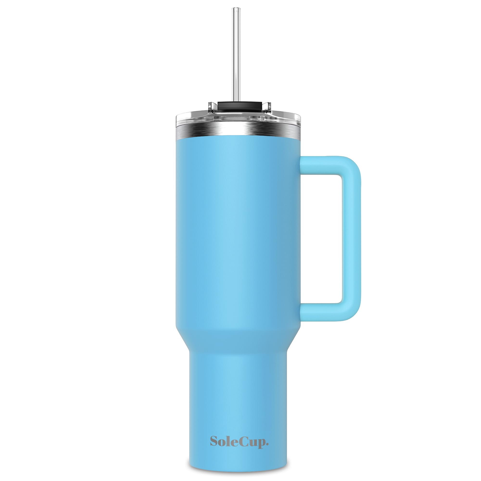 SoleCup. 40oz Travel Mug with Handle, Lid and Two Straws, Drinks Stay Hot for 8 Hours, Cold for 24 Hours, Double Wall Vacuum Insulated Stainless Steel Tumbler… (Blue, 40oz)