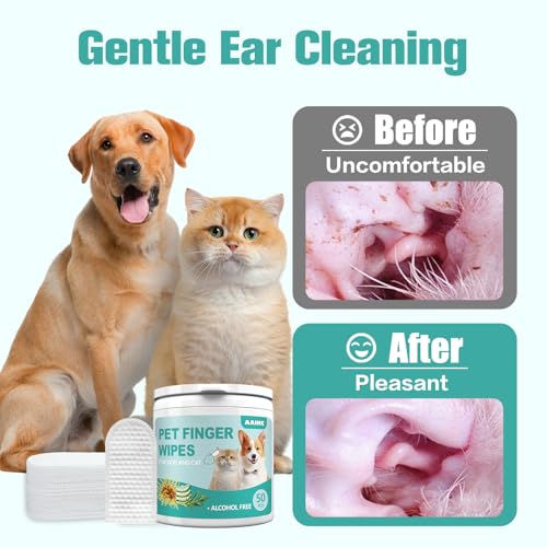 AAIHE DOG EAR FINGER WIPES,GENTLY REMOVE EAR WAX & DIRT,RELIEVE EAR ITCHING. ALL NATURAL INGREDIENTS DOG EAR WIPES.SAFE & GENTLE EAR WIPES FOR DOG & CAT – 50 COUNT
