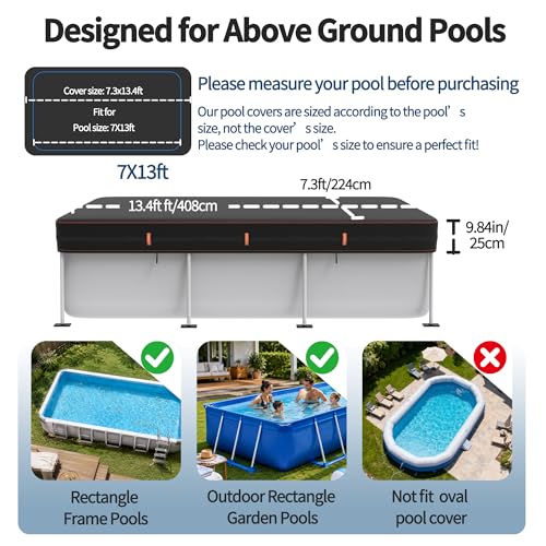 Neuradical 420D rectangular cover for above-ground swimming pools, UV and tear resistant, available in various sizes 224 x 408 cm, windproof protection with reflective strips.