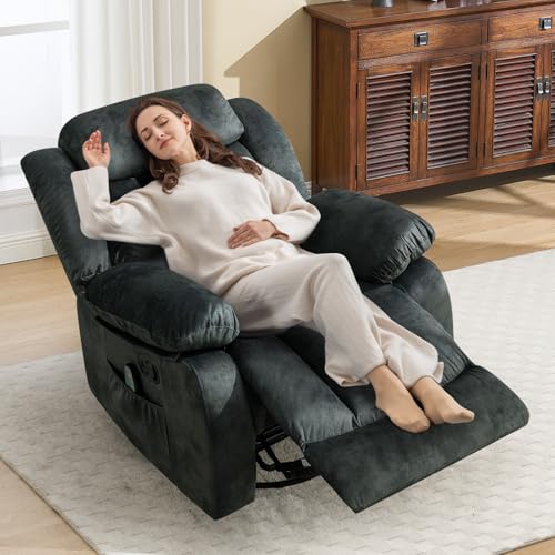 ANJ Classic Manual Swivel Rocker Recliner Chair with Massage and Heat, Rocking Recliners for Adults with Side Pocket, Single Overstuffed Heavy Duty Reclining Sofa Chair for Living Room,Bedroom,Grey