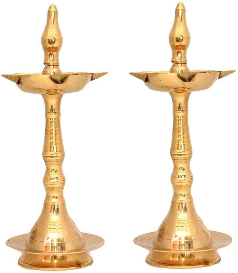 Photo 1 of BENGALEN Brass Diya 8 Inch Kerala Samai Traditional Oil Lamp Deepak Lamp Kutthu vilakku Panchmahal Deepam for Pooja Mandir Diwali Indian Puja Wedding Return Gift Items Set of 2
