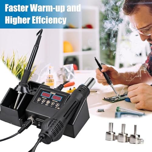 Ctoby 2 in 1 Hot Wind Gun Solder Iron SMD Rework Soldering Station Kit 700W/220V Tabletop Hot Wind Gun Tin Solder Iron Working Soldering Station with Dual LCD Digital Display 11pcs