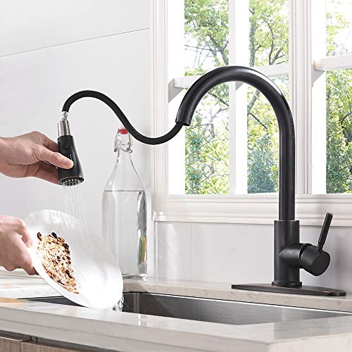 Hotis Pull Down Prep Sprayer Single Lever Single Handle Pull Down Kitchen Sink Faucet, Lead-Free Oil Rubbed Bronze Kitchen Faucets with Deck Plate
