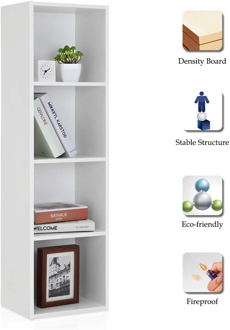 LASUAVY Wooden 4-Tires Bookcase Bookshelf Wood Rack Cabinet Display Shelves Organizer, White