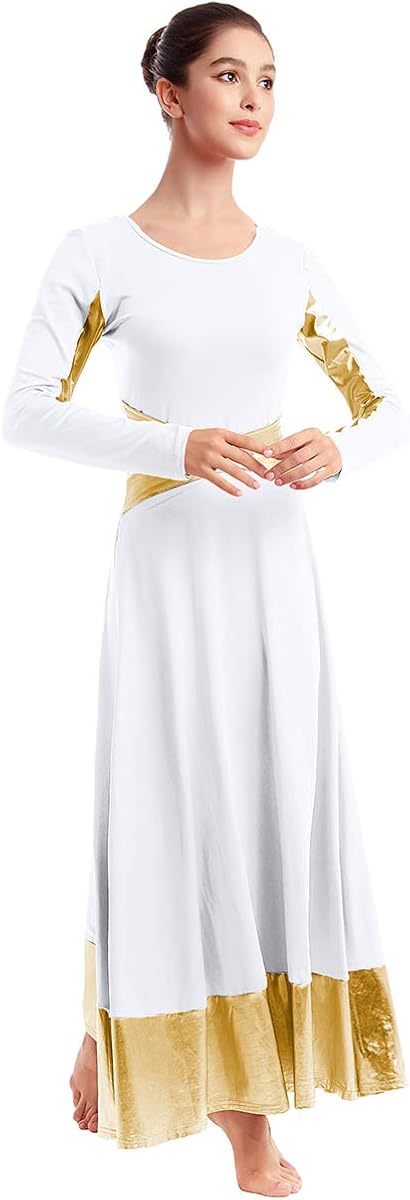 Metallic Gold Color Block Praise Liturgical Lyrical Dancewear for Womens Cross Dance Loose Full Dress Long Sleeve Costume: Clothing