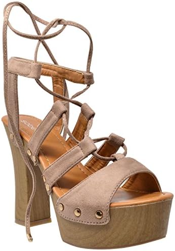 SOBEYO Womens Platform Sandals Gold Studded Lace Up Wood Chunky High Heel Shoes Taupe SZ 10