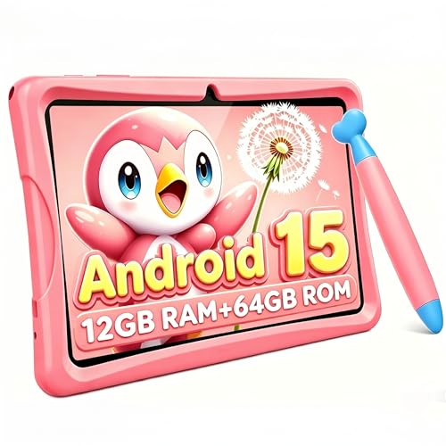 TABWEE K10 Kids Tablet 10 Inch, Android 15 Kids Tablet, 12GB RAM (4+8) 64GB ROM (TF 2TB), Wi-Fi, Parental Control, Children's Educational Tablet with Pink Case