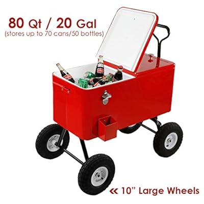 Clevr 80 Qt Party Wagon Cooler Rolling Cooler Ice Chest, Red, with Long Handle and 10" All Terrain Wheels, Portable Patio Party Bar Cold Drink Beverage Chest