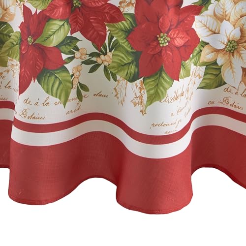 Elrene Home Fashions Red and White Poinsettia Holiday Fabric Wrinkle Resistant Tablecloth, 70 Round, Multi