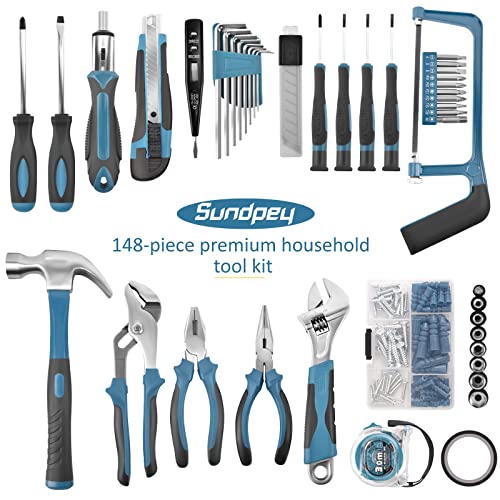 Sundpey 148 Piece Tool Case - Portable Complete Tool Box with Screwdriver and Pliers - Ideal Tool Kit for Daily Maintenance at Home or Garage - Blue